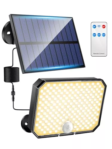 One Fire Luz Solar Exterior, 190LED 1500LM 3 Modos, IP65 + Control Remoto, Foco Para Jardín y Garaje [Luz Amarilla Cálida]