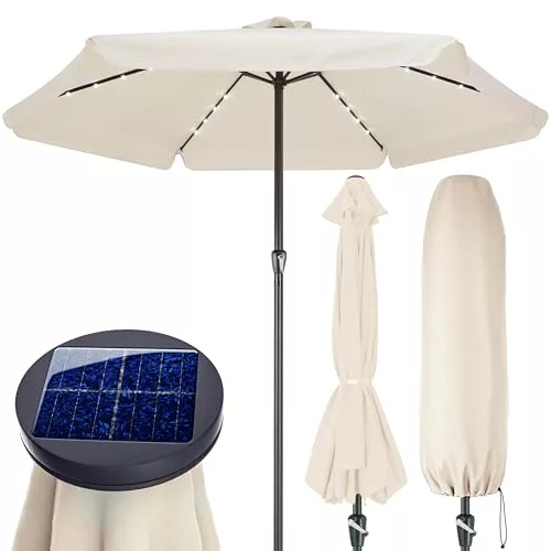 Kingsleeve® Sombrilla LED 330cm Redonda Manivela Mástil Aluminio Protección UV 80+ Parasol Solar Jardín Balcón Terraza Repelente al Agua Cubierta Protectora Crema