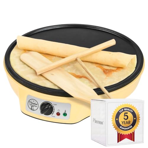 Bestron Crepera de diseño retro, Crepera electrica para crepes de Ø 30 cm, incl. esparcidor de masa y volteador de crepes, con revestimiento antiadherente, 1000 vatios, color: amarillo