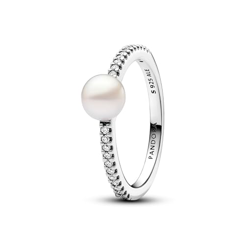 Pandora Timeless Anillo de plata de ley con perla blanca cultivada de agua dulce tratada y circonitas cúbicas transparentes, talla 58
