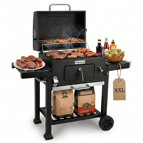 Amig - Barbacoa Fireplus de Carbón XXL - Parrilla de Acero 57x42cm - Con Ruedas y Bandejas Laterales - Asador Transportable Grande - Depósito para Ceniza - 131x116,5x56cm