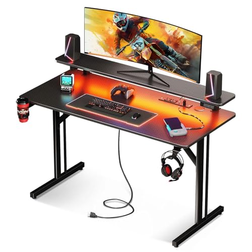 SAFONUS Escritorio Gamer RGB 1M con Luces LED, Soporte para Monitor, Enchufes Integrados