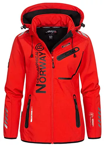 Geographical Norway Reine Lady - Chaqueta Softshell Mujer Impermeable Capucha - Abrigo Polar Cortavientos - Cazadore Aire Libre Deporte Esquí Invierno Primavera (Rojo Negro L)
