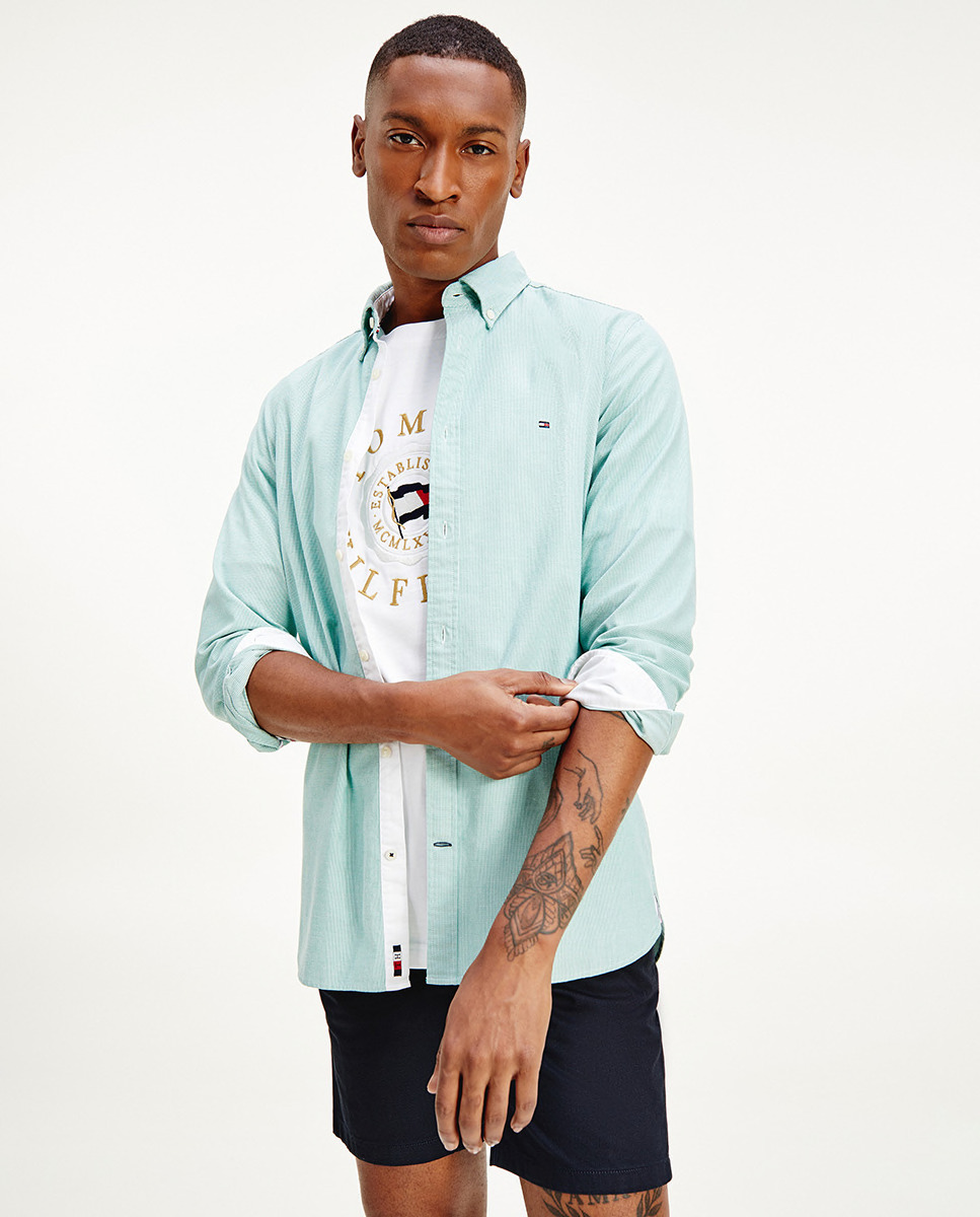 Camisa de hombre slim con microestructura de manga larga verde