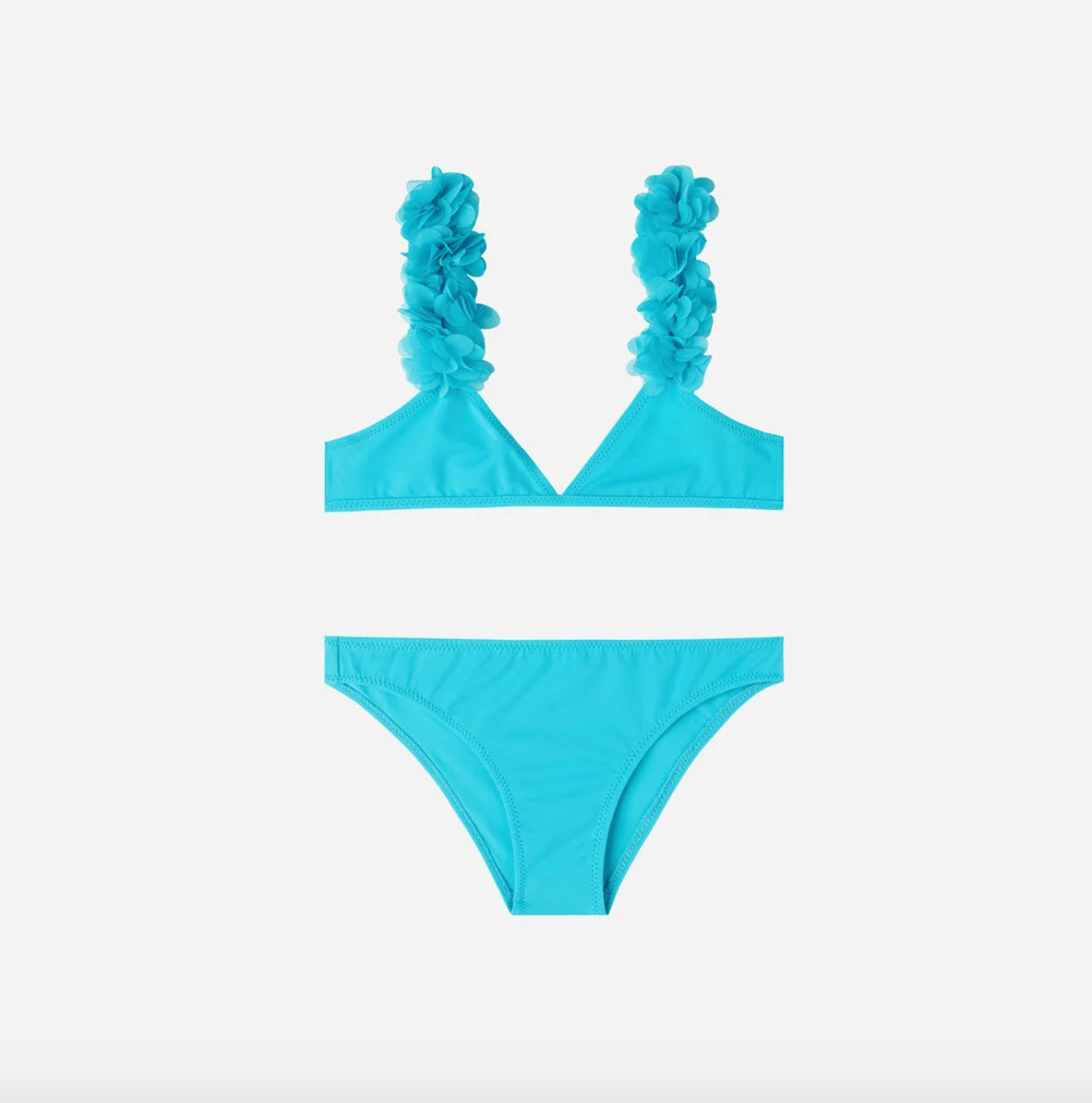 Bikini azul turquesa con tirantes de volantes de niña