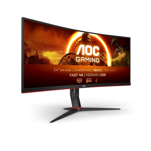 AOC Gaming CU34G2XPD - Monitor Curvo WQHD de 34 Pulgadas, 180Hz, Fast VA, 1ms GTG, FreeSync Premium, HDR400, Soporte de Altura Ajustable (3440x1440, HDMI, DisplayPort, USB Hub)