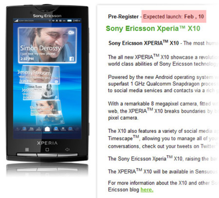 Sony Ericsson Xperia X10, el 10 de febrero en Reino Unido