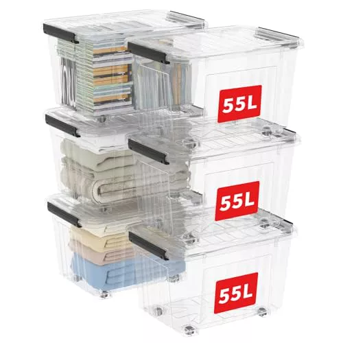 Cetomo 55L*6 Cajas de Almacenamiento con Tapas, Contenedores de Plástico con Ruedas, Clip On, Apilables, Encajables, Organizador Rayado para Oficina en Casa, Transparente, 55L-6 Pack