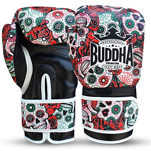 BUDDHA FIGHT WEAR - Guantes de Boxeo Fantasy Luzbel - Muay Thai - Kick Boxing - Piel Sintética Tejido Interior Resistente A Olores - Costura Reforzada - Varios Diseños (Rojo, 14 Onz)