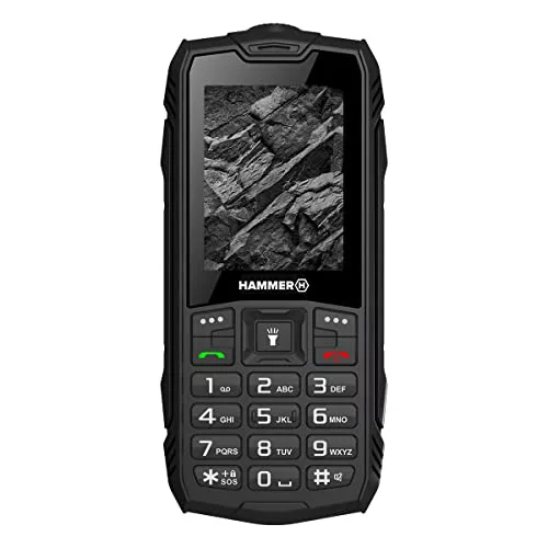 Hammer H Rock teléfono Duradero para Trabajar, Mega batería de 1800 mAh, Pantalla de 2.4", Resistente al Agua (IP68), A Prueba de Golpes (IK05), Teléfono de botón, Linterna, Dual-SIM, Negro