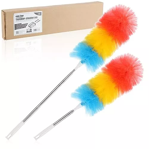 com-four® 2X Plumero con Mango telescópico - Limpiapolvo Extra Largo y Extensible - Escoba de telaraña en Colores Vivos (02 Piezas - Arcoiris - Largo)