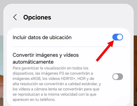 Botón para quitar la ubicación al compartir fotos en un Samsung Galaxy