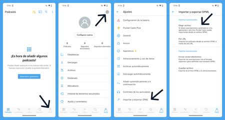 Capturas de pantalla mostrando los pasos a seguir para importar tu lista de suscripciones de Google Podcasts en Pocket Casts