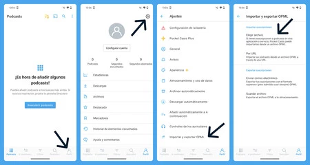 Google Podcasts の購読リストを Pocket Casts にインポートする手順を示すスクリーンショット