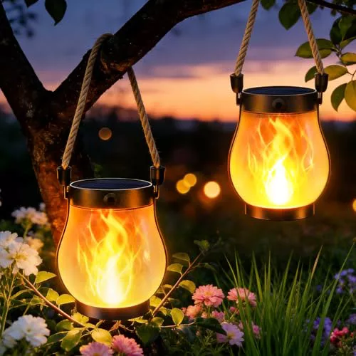 2 Piezas Farolillos Solares llama Exterior,Llama Danzante Faroles Colgantes Impermeables con Cuerda de Cáñamo, IP64 para Campamento, Jardín, Mesa Exterior, Patio, Balcón