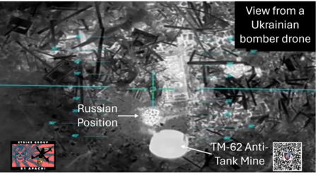 Captura de imagem de vídeo compartilhado nas redes sociais mostrando a visão de um drone bombardeiro ucraniano enquanto lança mina antitanque TM-62 sobre uma posição russa