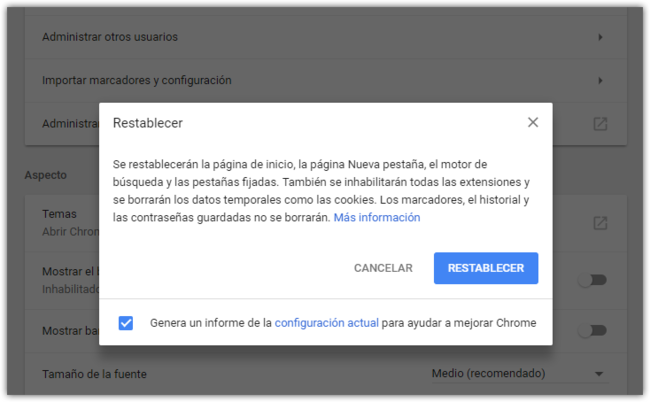 Restablecer Chrome