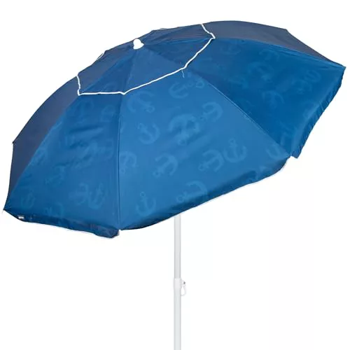 AKTIVE Sombrilla de playa 220 cm azul con estampado anclas, mástil de acero inclinable y ventilación superior, ligera y resistente al viento, protección solar UV30 y bolsa de transporte (62426)