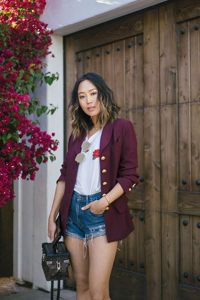 Aimee Song Of Style Levis Shorts Vintage Celine Blazer Two Songs Rose Tits Tee