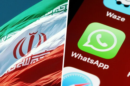 Composición con foto de la bandera de Irán e imagen del icono de la app de WhatsApp