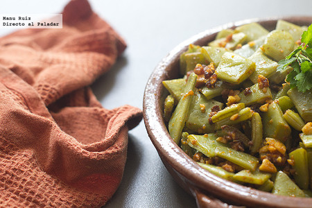Judías verdes con sobrasada y almendras. Receta