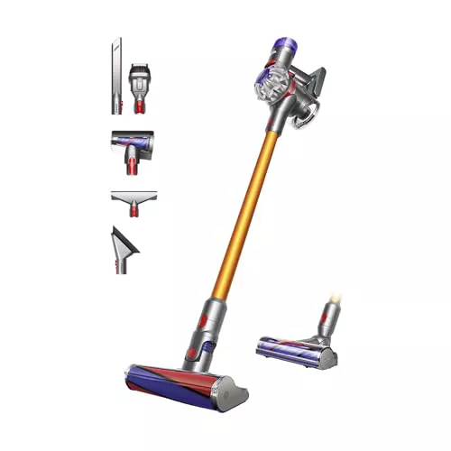 Dyson V8 Absolute™ Aspiradora sin Cable – 115 AW, 40 min de autonomía, Cepillo Motorbar con tecnología antienredos, Cepillo con Suave Cabezal Giratorio, Puerto de Carga, Plata/Amarillo