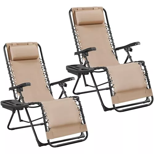 Yaheetech Juego de 2 Sillas Gravedad Cero 166cm L, 7kg, Tumbanas Plegables y Reclinables con Soporte para Bebidas, Sillas Exterior para Patio/Jardín/Playa/Pisina Beige