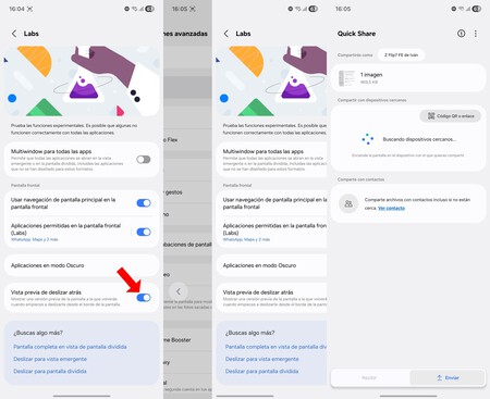 Previsualización del gesto de volver atrás y Quick Share