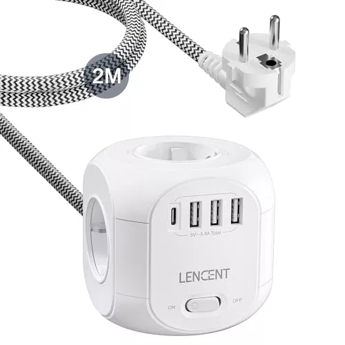 LENCENT Cubo Regleta Enchufes 2M con 4 Tomas de CA, 3 USB y 1 Tipo C