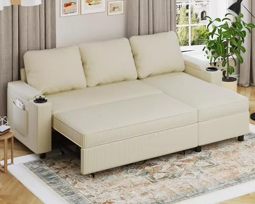 Devoko Sofá Cama Chaise Longue, Sofá de Salón Cheslong de 3 Plazas Convertible en Cama, con Almacenamiento Integrado y Portavasos, Chaise Longue 3 Plazas en Forma de L con Tejido Suave Beige