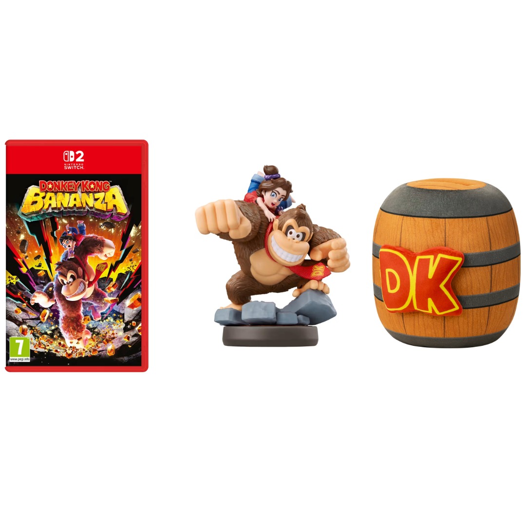 Donkey Kong Bananza físico o digital para Nintendo Switch 2 + Ambiibo de Donkey Kong & Pauline o Cojín de barril DK