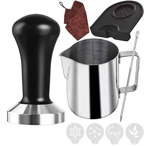 51mm Tamper Prensadores de Café 51mm Prensa para Cafe de acero Inoxidable con Alfombrilla Cafe, Jarra de Leche (350 ml), Toalla de Barista Para Cafetera Express Portafiltro Accesorios Barista
