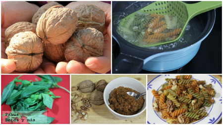 pasta tricolor con pesto rojo de nueces