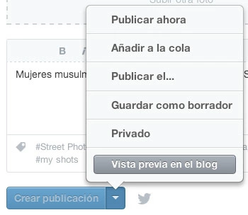 Opciones crear publicación en Tumblr