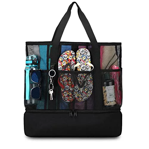 UYLIA Bolsa Playa Mujer con Compartimentos, Tote de Malla Extra Grande con Cremallera, Bolso deViaje Resistente para Piscina, Camping y Uso Diario