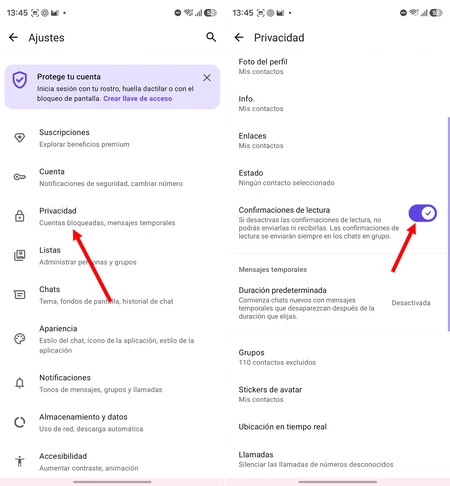 Desactivación de la confirmación de lectura