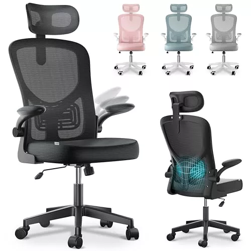 Silla Escritorio Ergonómica - Silla Oficina Ajustable y Reclinable con Soporte Lumbar, Reposacabezas Ajustable, Reposabrazos Plegables, Malla Transpirable, Ruedas Giratorias 360°, Soporta 120 kg