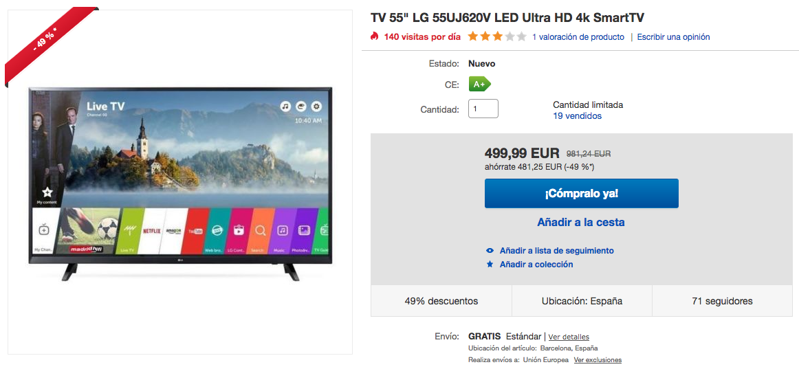 Super Week en eBay Smart TV LG 55UJ620V de 55 pulgadas, con resolución