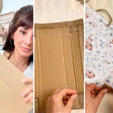 Con un trozo de cartón y tela reutilizada, puedes hacer este organizador o bandeja de alimentos para casa 