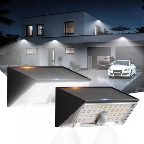 Smiling Shark WL-06L Luces Solares Exterior Sensor Movimiento, Aplique Solar Exterior Pared Doble Uso 4 Modos IP65 Impermeable LED Lámparas Solares Blanca Fría para Jardín Valla Patio, 2 Piezas