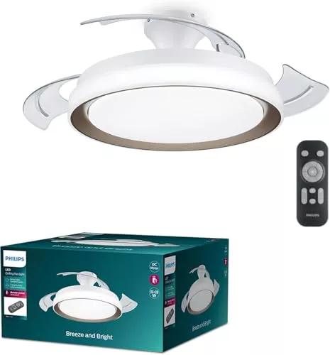 Philips Bliss - Ventilador de Techo con luz LED 28W, motor DC (35W), temperaturas de color (2700K-4000K-5500K), Mando Incluido, color Blanco y Dorado (versión 2024, instalación fácil)