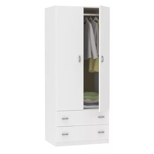 MUEBLES PITARCH | Armario Dormitorio Ropero 2 Puertas 2 Cajones, Blanco, 180x74x50 cm(Alto x Ancho x Fondo), Mueble Auxiliar Moderno, Colección Tibet