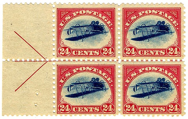 Inverted Jenny 24c Airmail Issue Of 1918 Center Line Block