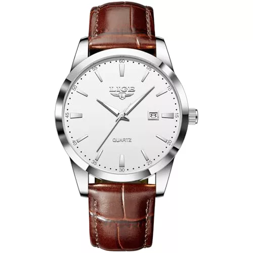 LIGE | Reloj de pulsera analógico con correa de piel para hombre