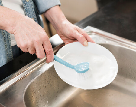 Woman Cleaning Plate With Brush
