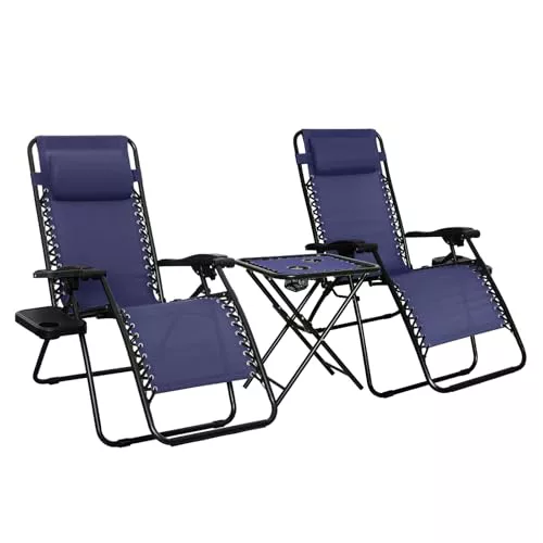 Amazon Basics Set de 2 sillas con gravedad cero y mesa auxiliar, para en exteriores, Plegable, Soporte de cabeza, Reclinable, Acero aleado, 35 x 26 x 43 inches, de color azul