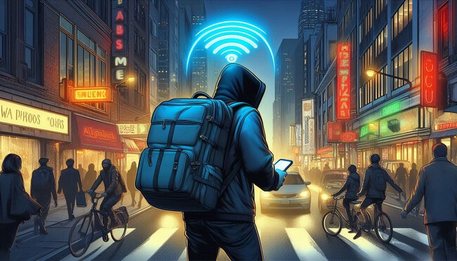 Imagen decorativa generada con IA de una persona con una mochila en mitad de la calle
