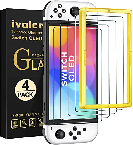 ivoler 4 Piezas Protector de Pantalla Compatible con Nintendo Switch OLED Modelo 7 pulgadas 2021 Modelo, Incluye Marco de Instalación Fácil, Cristal Vidrio Templado Premium
