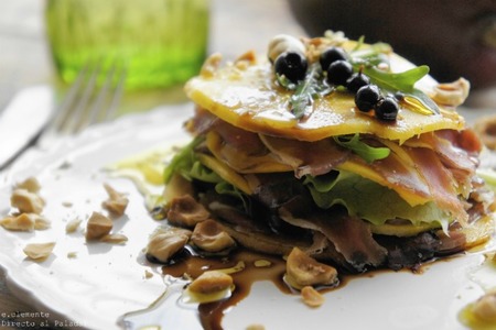 Milhojas de mango con jamón de pato. Receta