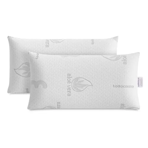 Todocama Almohada Viscoelástica Aloe Vera (Pack 2 Unidades 70 cm), Núcleo Compacto Viscoelástico para Cervicales y Cuello, Firmeza Media-Alta, Doble Funda con Cremallera.